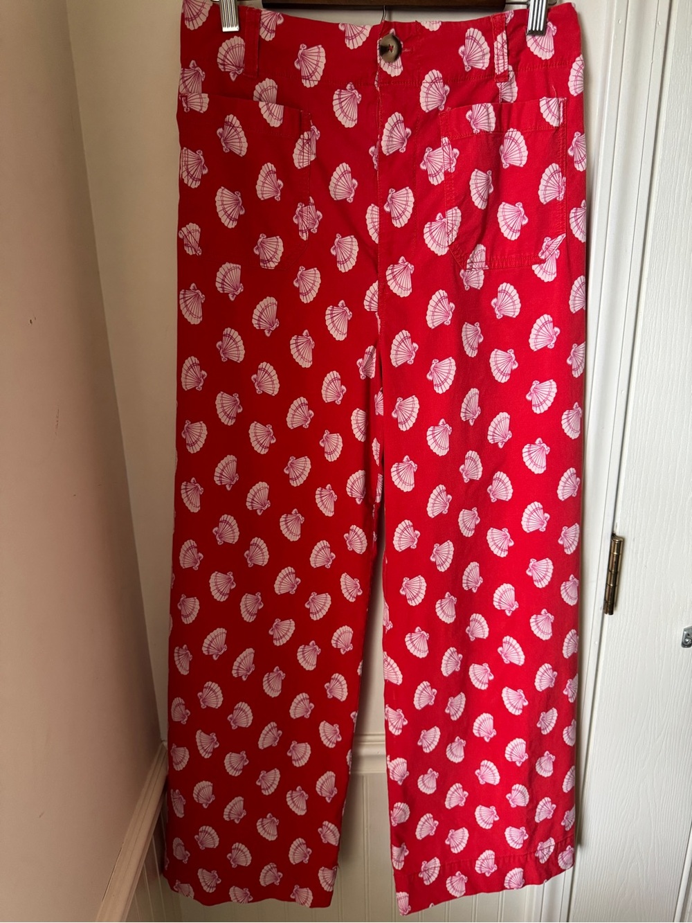 Anthropologie Red Wide-Leg Pants with White and Pink Shell Print Size 31T